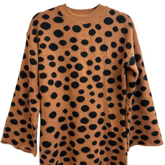 Lulu's Brown Beige Black Polka Dot Bell Sleeve Sweater Dress Size Small Midi - Picture 3 of 8